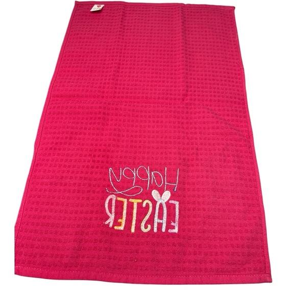 Kitchen Towel Pink Embroidered Happy Easter Hand Crafted Cotton Dish Towel - Picture 5 of 15